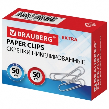 Скрепки BRAUBERG EXTRA, 50 мм, никелированные 50 штук   271314