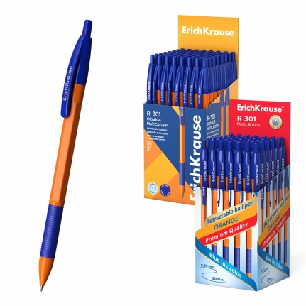 Ручка шарик. Erich Krause R-301 Orange Matic & Grip, автомат, синий, 0,7 мм, лин 0,35  46762