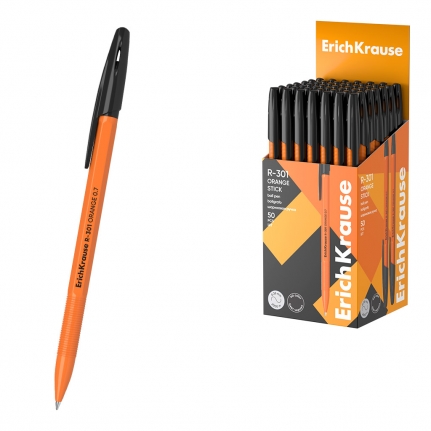Ручка шарик. Erich Krause R-301 Orange Stick, узел 0.7 мм, линия 0,35 мм,  чернила чёрные,43195