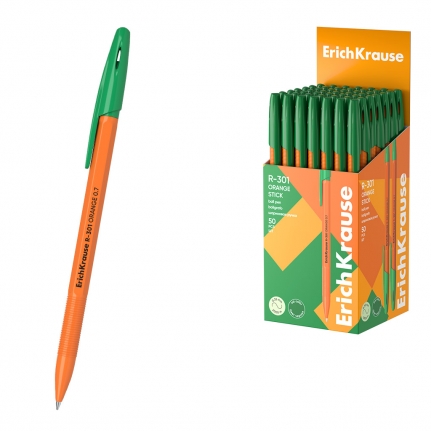 Ручка шарик. Erich Krause R-301 Orange Stick, узел 0.7 мм, линия 0,35 мм, чернила зелёные, 43197
