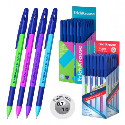 Ручка шарик. Erich Krause R-301 Neon Stick&Grip узел 0.7/1,0, лин 0,35, цвет чернил синий 42751