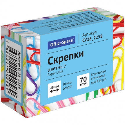 Скрепки 28мм, OfficeSpace, 70шт., цветные, карт. упаковка CV28_2258