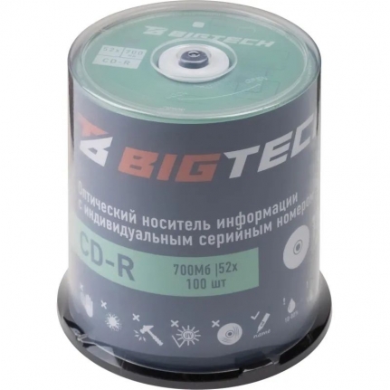 Диск CD-R 700Mb  Bigtech YCDRB001 52* (100шт)cake box 1953098