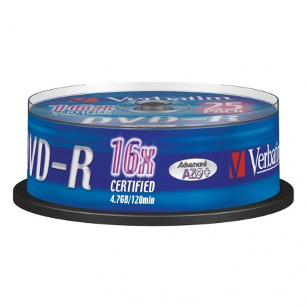 Носители информации DVD-R, 16x, Verbatim Azo Matt Silver, Cake/25, 43522