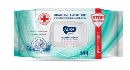 Салфетки влажные, 144 шт., AURA "Family", антибактериальные, с крышкой 1027847