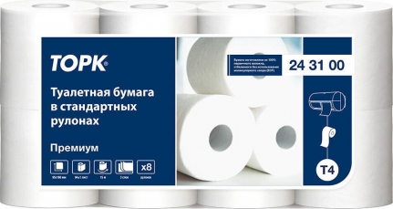 Бумага туалетная 3-х слойная TORK Т4 Премиум белая 8рул (12шт/упак) 243100