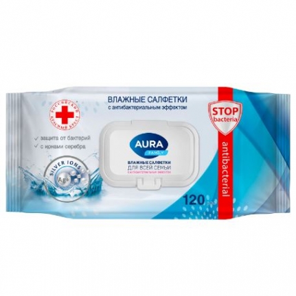Салфетки влажные 120 шт., AURA Family, антибактериальные, для всей семьи, крышка клапан, 92342, 1462