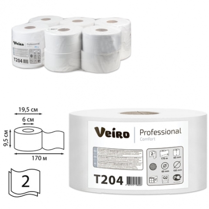 Бумага туалетная рулонная T2 2-сл VEIRO Professional бел 12 рул/170 м, с тисн. и перф.  T204
