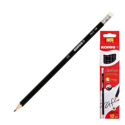 Карандаш чернографитный Kores шестигранный HB с ластиком   92600