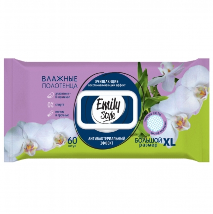 Полотенца влажные  Emily Style  антибактериальные , с крышкой , размер XL 28*19 см, 60 штук