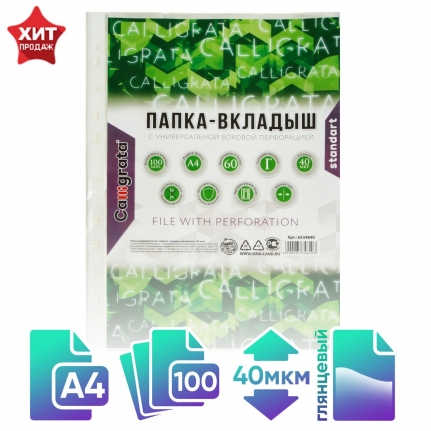 Файл-вкладыш А4 40 мкм Calligrata, глянцевый, вертикальный, 100 штук 6534840
