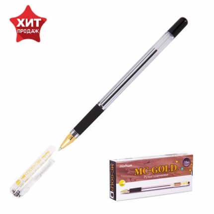 Ручка шариковая MUNHWA "MC Gold", масл. с грипом, ЧЕРНАЯ, корпус прозрачный, узел 0,5 мм, лин 0,3