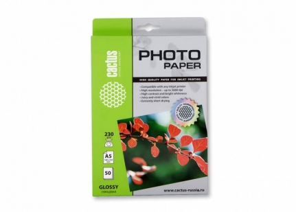 Фотобумага Cactus CS-GA523050, A5, 230г/м2, 50л, для струйной печати, белый, покрытие глянцевое