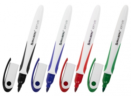 Маркеры для белой доски НАБОР 4 ЦВЕТА, BRAUBERG SOFT LITE, 3 мм, резин. вставка, стираемые 152107