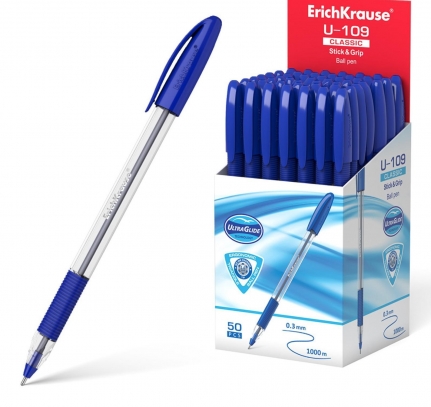 Ручка шарик. Erich Krause U-109 Classic Stick&Grip 1.0, линия 0,3  Ultra Glide Technol,  синяя 47574