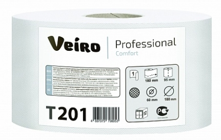 Бумага туалетная рулонная T2 1-сл VEIRO Prof Comfort сер 12 рул/200 м, с тисн., без перф. Т201