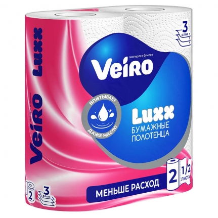 Полотенца бумажные 3 сл, Veiro Luxx 12 м, 22 см (2 рул. в уп.) /12 уп. в стяжке 5П32