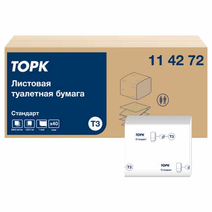 Бумага туалетная листовая Т3 V(ZZ) слож.1-сл TORK/Tellus Universal бел 40 пач/250 л, 11*23 см 114272