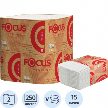 Бумага туалетная листовая Т3 V(ZZ) слож.2-сл Focus бел 15 пач/250 л, 10,8*23 см 5083735к