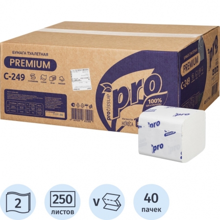 Бумага туалетная листовая Т3 V(ZZ) слож.2-сл Protissue бел 40 пач/250 л, 11*21 см С249