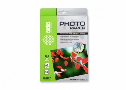 Фотобумага Cactus CS-GA520050, A5, 200г/м2, 50л, для струйной печати, белый, покрытие глянцевое