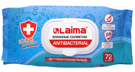 Салфетки влажные, 72 шт,LAIMA "Antibacteril, антибактериальные, с пласт.клапаном 129997