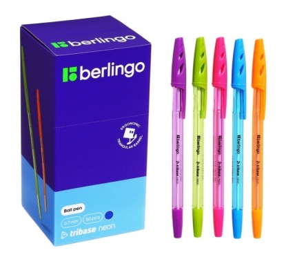 Ручка шариковая Berlingo. Tribase Neon, синий стержень, узел 0.7, МИКС