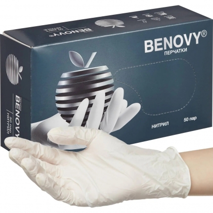 Перчатки нитрил, н/c, н/о, текстур, Benovy (L) 50п/уп, белый ML221KU4/ 1599276