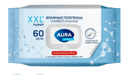 Полотенца влажн. AURA FAMILY с антиб.эфф. big-pack с крыш. 60шт/уп 27см х17см XXL, 2332404, 15057 ЧЗ
