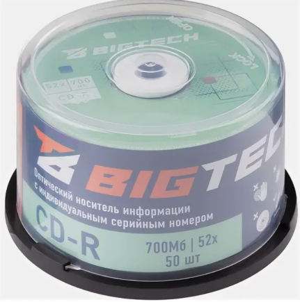 Диск CD-R 700Mb  Bigtech YCDRB002  (50шт)cake box 1953099